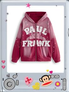 Paul Frank X ROMWE Co-Branded Street Style Contrast Color Patchwork Embroidered Washed Oversized Open Front Sweatshirt - Pink - View 1