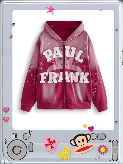 Paul Frank X ROMWE Co-Branded Street Style Contrast Color Patchwork Embroidered Washed Oversized Open Front Sweatshirt