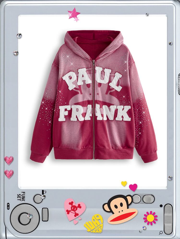 Paul Frank X ROMWE 聯名街頭風撞色拼接刺繡水洗寬鬆開襟運動衫 - 粉色 - 查看 1