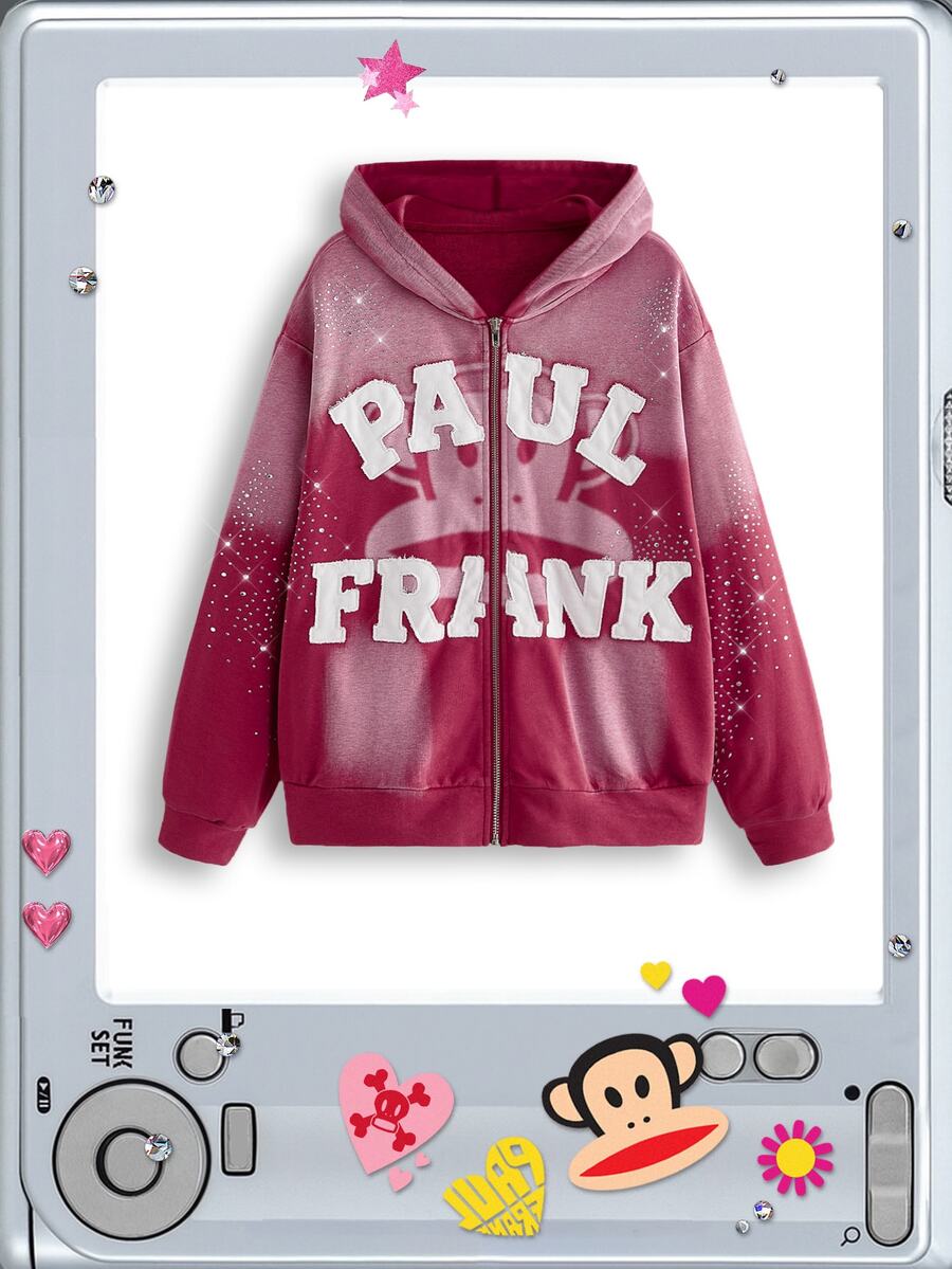 Paul Frank X ROMWE Co-Branded Street Style Contrast Color Patchwork Embroidered Washed Oversized Open Front Sweatshirt - Pink - View 1