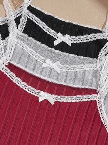 Lullawish Women's Comfortable Knit Ribbed Lace Camisole & Shorts Pajama Set 3-Piece - Multicolor - View 4