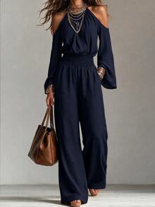 Omancia Women's Solid Color Ruched Cold Shoulder Casual Daily Wear Jumpsuit Fall/Winter - Navy Blue - View 4