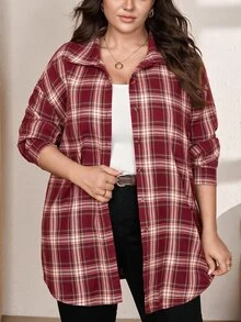 SHEIN LUNE 大尺碼女款格紋長袖單排扣休閒襯衫 - 彩色 - 查看 7
