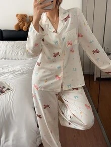 Napfluff Women's Bubble Crinkle Cartoon Pony Print Pajama Set, Spring/Autumn, Lapel Cardigan, Long Sleeve, Long Pants, Loose Fit, Cute Homewear, 2 Pieces Set - Beige - View 3