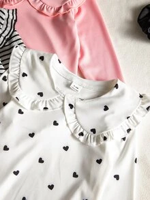 SHEIN 3件組女嬰甜美可愛彼得潘領條紋長袖T恤愛心印花內搭衫咖啡色上衣組合秋季內著簡約日常穿搭 - 彩色 - 查看 3