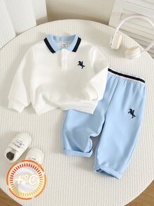 SHEIN 男嬰幼兒 3 件組秋冬保暖內裡加厚休閒學院風 POLO 套裝，衛衣套裝，含腰帶，嬰兒冬季套裝，聖誕 - 藍色 - 查看 6