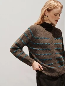Aveloria Modichic Maillard Brown & Blue Contrast Striped Crew Neck Patterned Metal Button Slouchy Loose Fit Button-Up Sweater - Multicolor - View 3