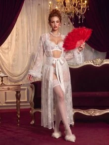 PinupPomp White Lace Patchwork 3D Floral Trim Sheer Luxurious Vintage Plus Size Nightgown - White - View 7