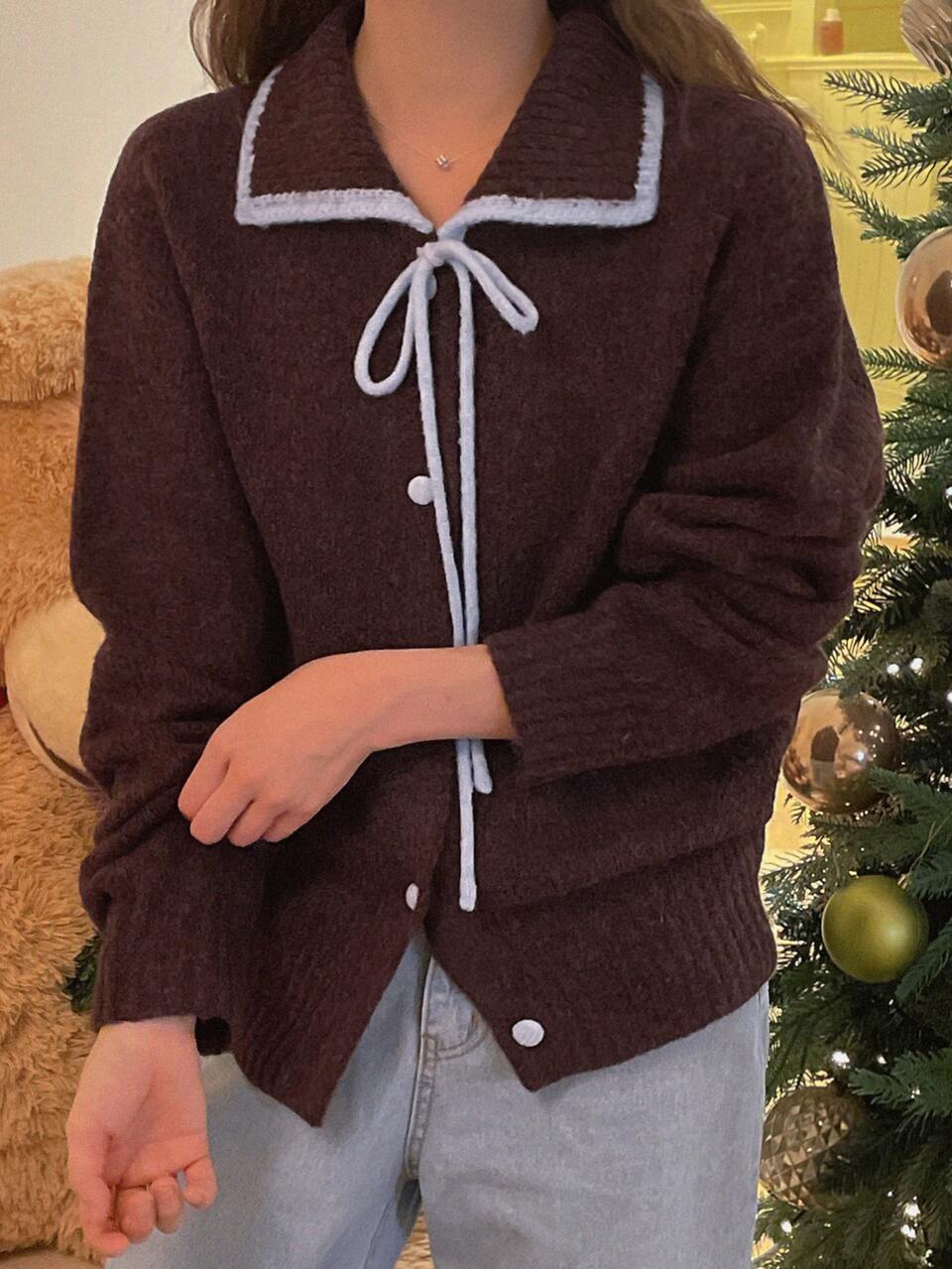 Women's Contrast Trim Lace-Up Bow Loose Long Sleeve Lapel Casual Daily Vacation Autumn/Winter Knit Cardigan