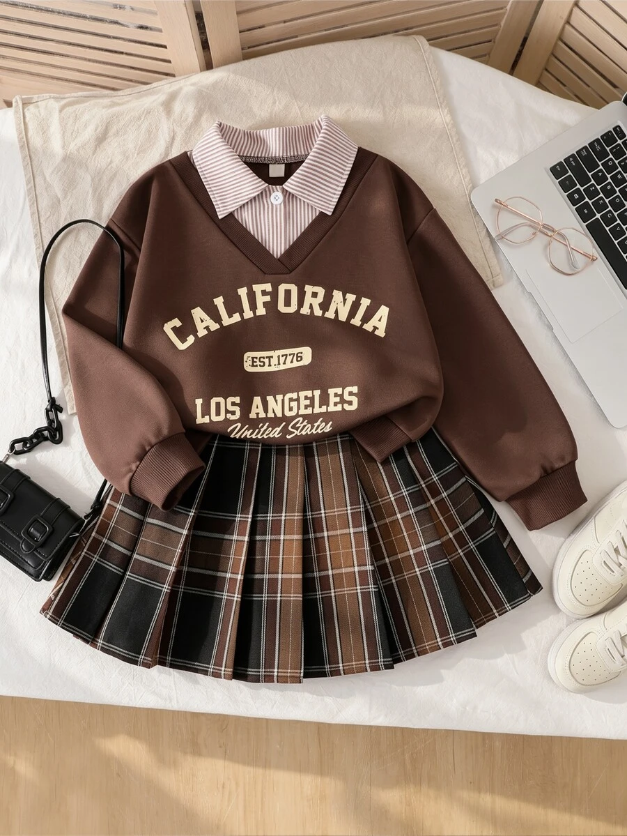 SHEIN 女童時尚寬鬆休閒翻領上衣 2合1設計 + 條紋格紋百搭裙，學院風 - 棕色 - 查看 1