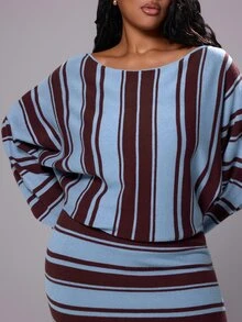 Rustia Plus Size Women Striped Off Shoulder Batwing Sleeve Knit Two Pieces Outfits, Loose Knit Top & Bodycon Mini Skirt Matching Set, Fall Winter Item - Black - View 4