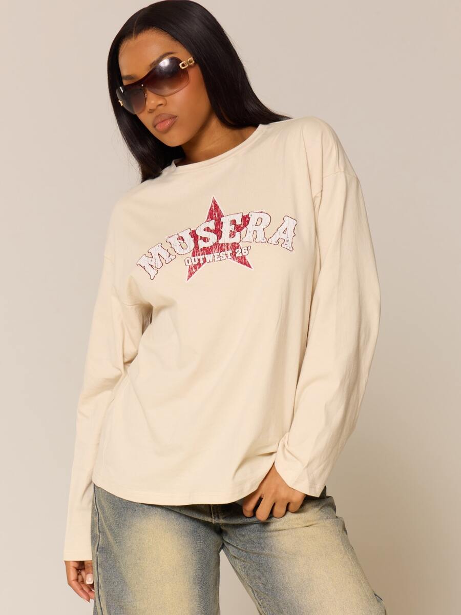 MUSERA 白色圖形 Logo 細節長袖上衣 冬季休閒日常舒適穿搭 女款酷白色上衣 - 杏色 - 查看 1