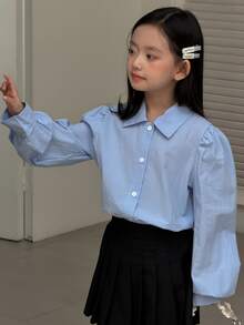 DAZY Tween Girl Solid Color Long Sleeve Single-Breasted Casual Shirt - Blue - View 5