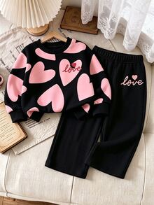 SHEIN Playful Pals 女童愛心印花長袖衛衣與長褲休閒套裝 - 彩色 - 查看 1