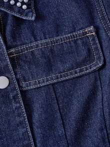 Sweetra Fashion Casual Young Lady Commuter Style Rivet Open Front Button-Up Denim Pleated Dress - Dark Wash - View 3