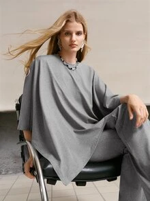 MOTF PREMIUM WOMEN'S SOLID COLOR TOP AND FLARE PANTS CASUAL DAILY 2 PIECES SET - Grey - View 1