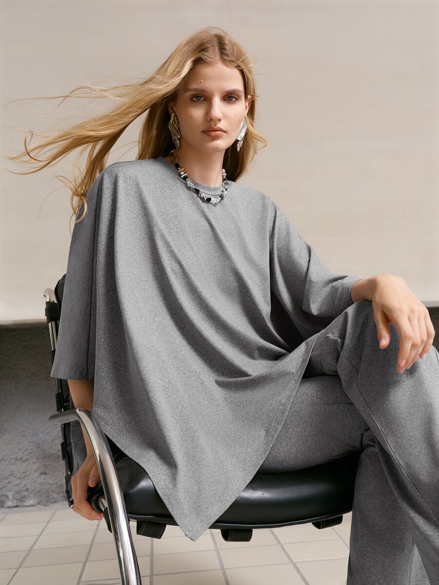 MOTF PREMIUM WOMEN'S SOLID COLOR TOP AND FLARE PANTS CASUAL DAILY 2 PIECES SET - Grey - View 1
