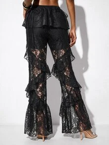 Aveloria GENKIRA Pants Ruffle Flare Lace Sheer Multi-Layered Modern Black Floral Women Sheer Ruffle Flare Pants Halloween - Black - View 2