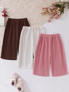 SHEIN Vintaside Kids 3件組 幼兒長褲 粉色、棕色、黑色，適合秋冬日常穿著，舒適套裝，蝴蝶結鬆緊腰帶，純色燈芯絨面料，多色高 CP 值 - 彩色 - 查看 2