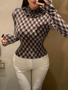 DAZY Women's Plaid Stand Collar Long Sleeve Patchwork Ruffle Fashion Blouse - Brown - View 2