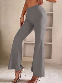 SHEIN PETITE Solid Flare Leg Spring Black Pants - Grey - View 4