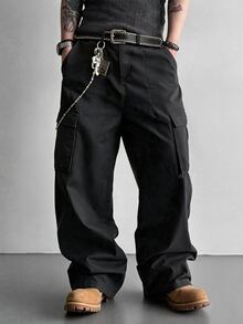 SLATEMANN Men's Black Long Pants, Multi-Pocket Cargo Pants, Loose Casual Fashion Versatile Cargo Long Pants - Black - View 4
