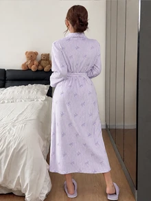 Napfluff 女款柔軟蝴蝶結條紋絨毛睡袍，粉色秋冬居家服 - 紫色 - 查看 2