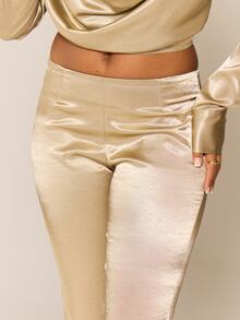 MUSERA Metallic Satin Low Rise Fitted Flare Coord Trouser Sexy Evening Night Going Out Fall Winter Autumn Solitude - Khaki - View 5