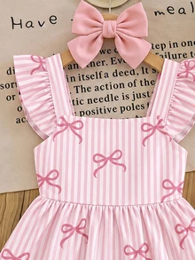 Tween Girl Bow Decor Striped Casual Daily Summer Dress - Multicolor - View 6
