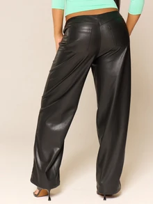 MUSERA Black PU Low Rise Lace Up Straight Leg Pants Autumn Winter Going Out Date Night Sexy Halloween - Black - View 4
