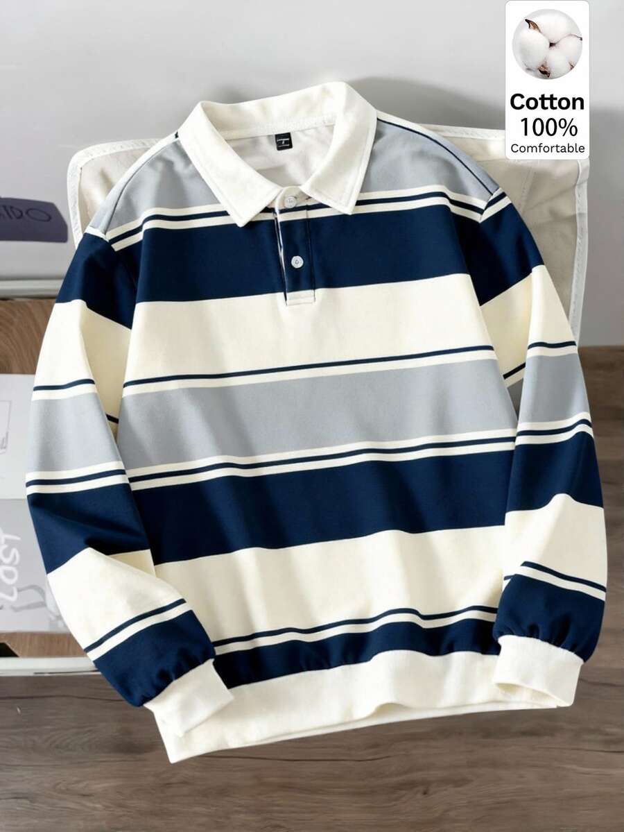 Daypath 男士休閒學院風條紋 Polo 領衛衣,抓絨衛衣,100% 純棉衛衣,節日禮物 - 彩色 - 查看 1