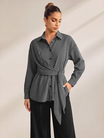Uhlyne Uhlyne Women's Striped Drop Shoulder Long Sleeve Single-Breasted Side Waist Tie Casual Shirt