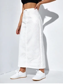 SHEIN EZwear 女款高腰長款休閒牛仔裙 - 白色 - 查看 5
