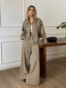DAZY Setelan Jaket Denim Kasual dan Celana Longgar untuk Wanita - Khaki - View 5