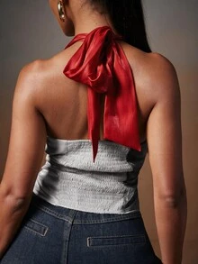 NYA SZN Top Sleeveless V Neck Halter Satin Muticolor Sexy Going Out Date Night Special Occasion Party Casual Summer Red Black White Color Block Fall Winter - Multicolor - View 2