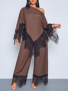 SOLERSUN Plus Size Women's Lace Patchwork Asymmetric Shoulder Top And Pants Casual Elegant Daily 2 Pieces Set Fall Brunch Party Brown - Coffee Brown - View 2