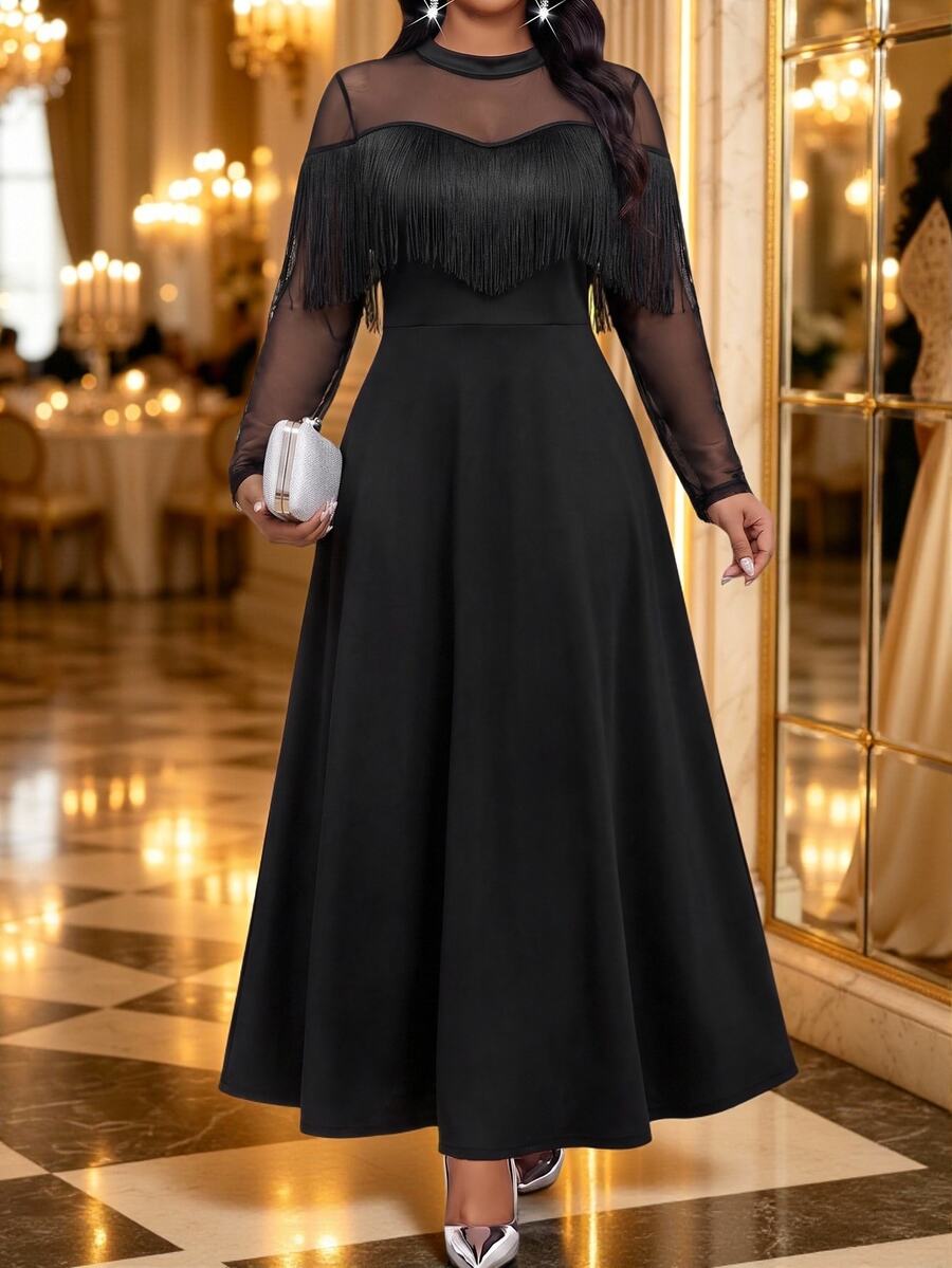 Fleurora Plus Size Women's Mesh Patchwork Tassel Design Casual Party Dress - Black - View 1