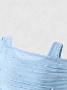 SHEIN Elladie kids 女童春秋新款背心內搭二合一露肩亮片網紗長袖上衣，時尚優雅甜美可愛 - 藍色 - 查看 5
