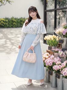 Bijouette Japanese Style Fresh Floral Plus Size Cold Shoulder Dress, Double Layer Ruffle Cut-Out Shoulder Design, Gentle And Slimming, Back Tie Waist Design To Shape Body, Flattering For Figures To Hide Belly And Hips, Light Blue Solid Color Full Skirt With Soft Drape, Suitable For Daily Wear, Dating, Travel And Commuting, Skin-Friendly And Comfortable Long Dress For Girls - Blue and White - View 1