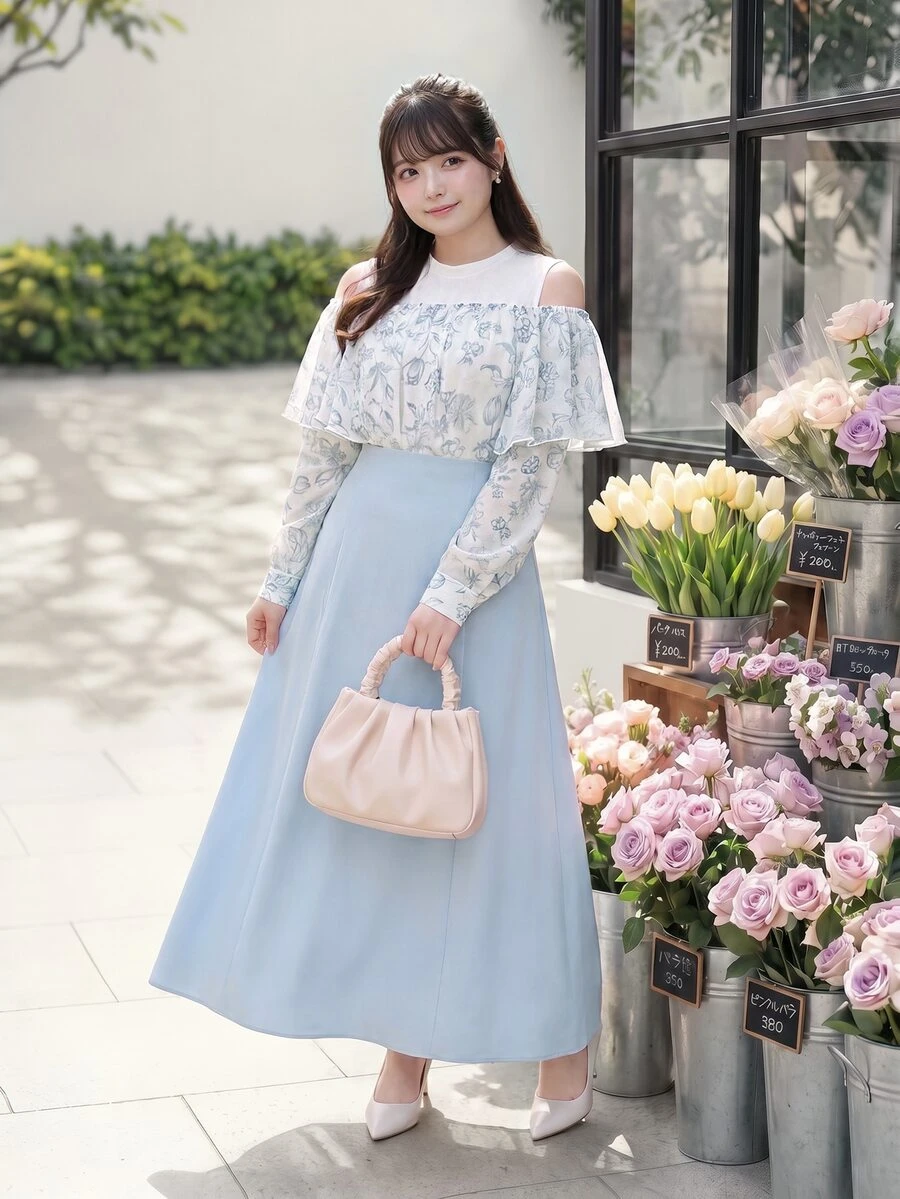 Bijouette Japanese Style Fresh Floral Plus Size Cold Shoulder Dress, Double Layer Ruffle Cut-Out Shoulder Design, Gentle And Slimming, Back Tie Waist Design To Shape Body, Flattering For Figures To Hide Belly And Hips, Light Blue Solid Color Full Skirt With Soft Drape, Suitable For Daily Wear, Dating, Travel And Commuting, Skin-Friendly And Comfortable Long Dress For Girls - Blue and White - View 1