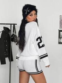 Jeanoix Hot Girl American Style 23 Letter Loose Knit Sweater + Striped Knit Shorts Casual 2 Pieces Set - White - View 2