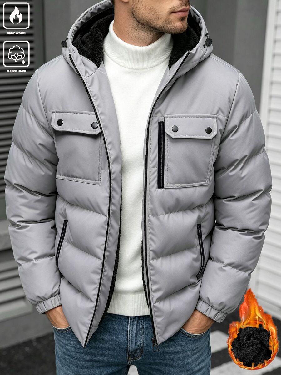 Manfinity Homme Men's Workwear Multi-Pocket Hooded Padded Coat, Thermal Lined Quilted Padded Coat For Outdoor And Commuting - Grey - View 1