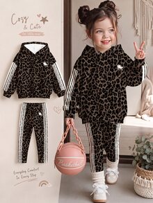 Young Girl Leopard Print Rider Pattern Casual Long Sleeve Hoodie And Leggings 2 Pieces Set, Suitable For Autumn/Winter - Multicolor - View 3
