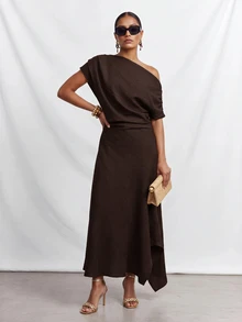 Zivah Women's Solid Color Asymmetrical Shoulder Ruched Minimalist Vacation Dress - Rust Brown - View 4