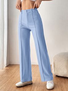 SHEIN EZwear 女款素色直筒西裝長褲 秋冬款 - 藍色 - 查看 1