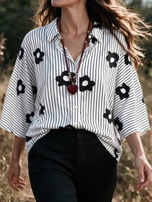 Linhara CURVE Plus Size Women's Autumn Casual Shirt With Lapel Collar, Raglan Sleeves, Striped Floral Print, For Daily Wear And Vacation - Black and White - View 1
