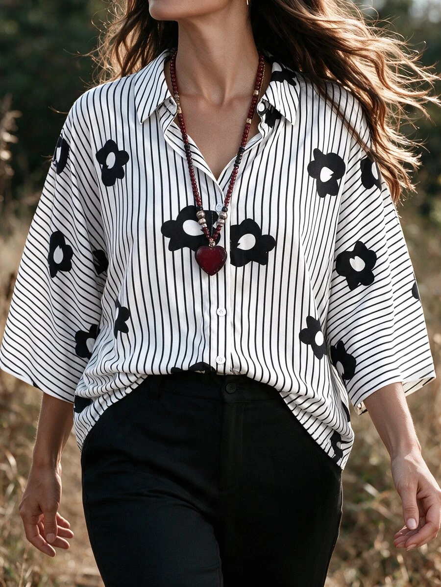 Linhara CURVE Plus Size Women's Autumn Casual Shirt With Lapel Collar, Raglan Sleeves, Striped Floral Print, For Daily Wear And Vacation - Black and White - View 1