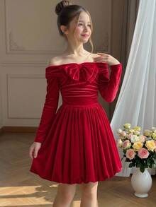 Pitira Tween Girl Knitted Cherry Off-Shoulder Long Sleeve Tulip Hem Elegant Dress - Red - View 1