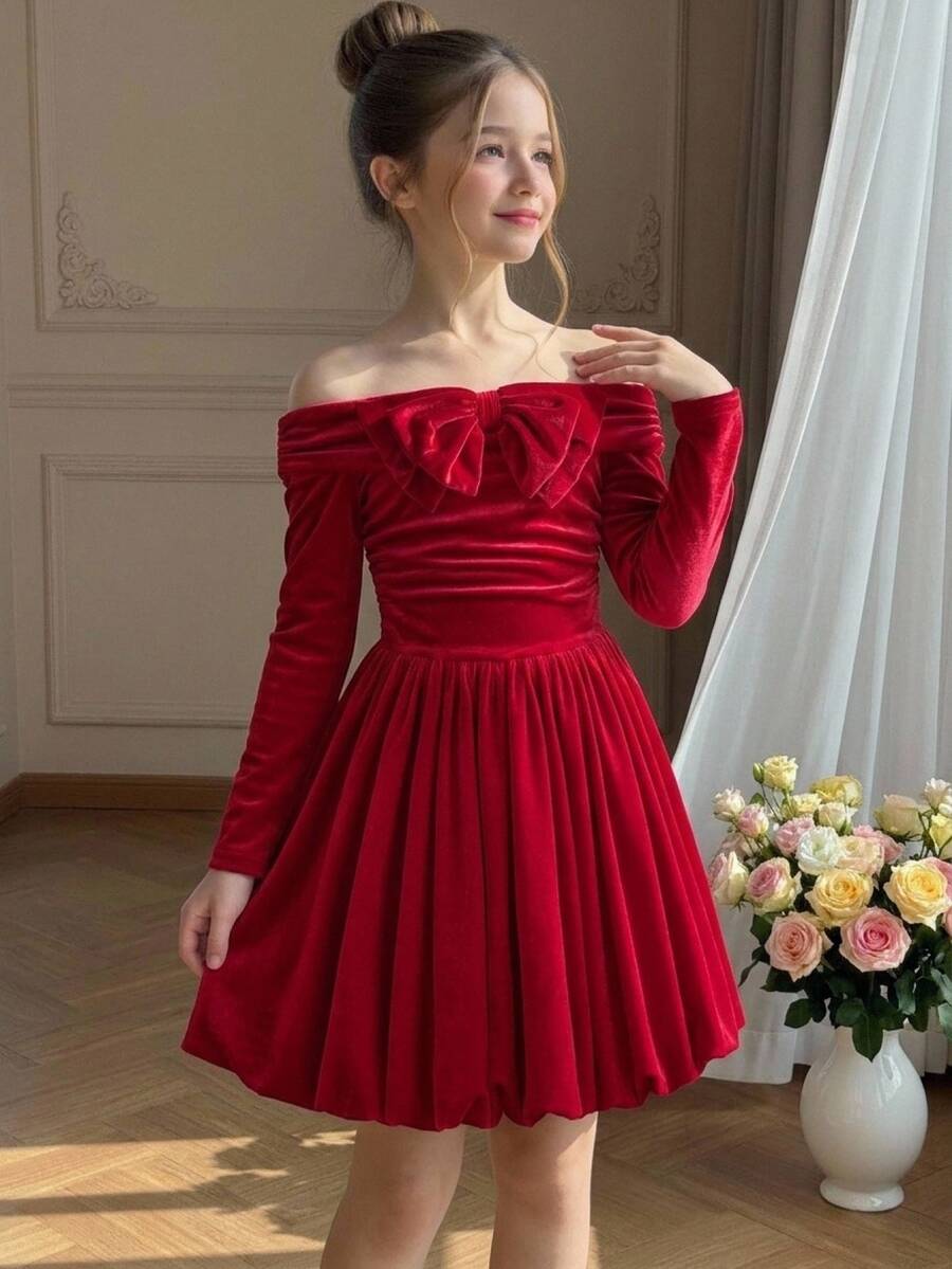 Pitira Tween Girl Knitted Cherry Off-Shoulder Long Sleeve Tulip Hem Elegant Dress - Red - View 1
