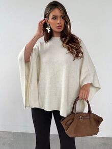 Firerie 女款秋冬新款披肩式毛衣，卡其色，寬鬆版型，百搭外套，優雅針織衫，適合通勤、日常、休閒、街頭穿搭、保暖居家穿著 - 杏色 - 查看 4
